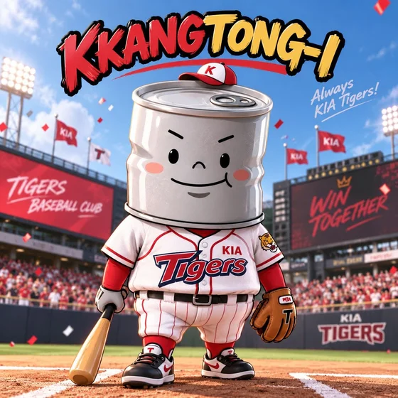 깡통이, a smiling tin-can character in a baseball uniform, standing in a stadium with a bat and glove.